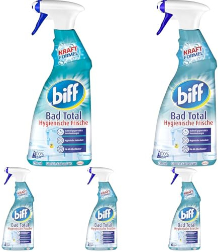 Biff Bad Total Hygienische Frische Badreiniger (750 ml), Bad Reiniger gegen Kalk & Schmutz, Sprühflasche, Kalkentferner für alle Oberflächen und hygienische Sauberkeit im ganzen Bad (Packung mit 5)