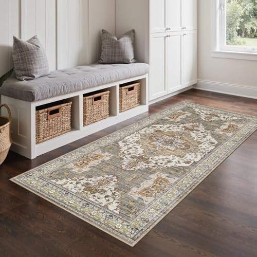 GENIMO Boho Vintage Fußmatte Waschbar 60x150CM, Rutschfester Kurzflor Teppich für Eingang, Bad oder Balkon, Stilvoller Kleiner Teppich