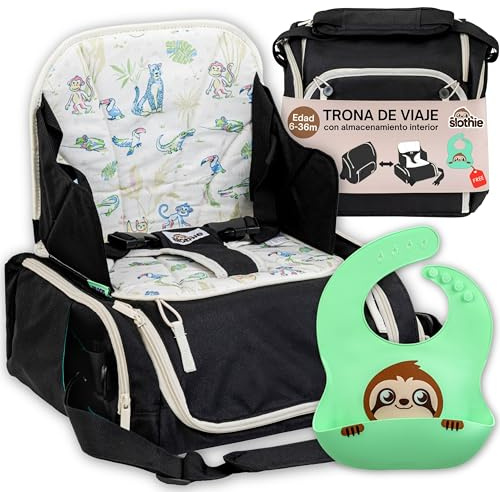 Slothie Trona Portátil para Bebé – Trona de Viaje Portátil para Comer, Asiento Elevador Plegable con Almacenamiento, Incluye Colgador Carrito y Babero de Silicona