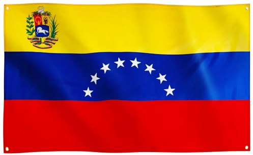 Runesol Bandera Venezuela con Escudo 91 x 152 cm, 3ft X 5ft, 8 Estrellas con Escudo, Bandera Venezolana, Estandarte de la República Bolivariana de Venezuela, 4 ojales, Banderas premium