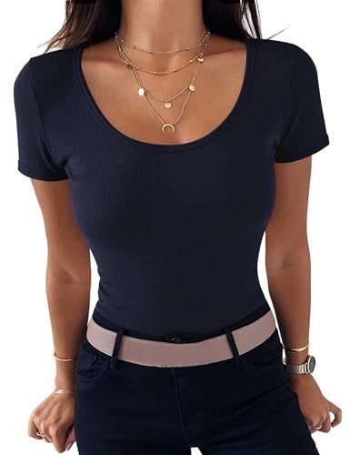 Aottori Dam-t-shirt, ribbade eleganta toppar, kortärmad rund hals, bas-t-shirt, slim fit, t-shirt, stretch, casual, sommartoppar, Mörkblå, M