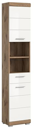 xonox.home - Hochschrank Wave 37x191x31 cm in Nox Eiche und weiß hochglanz - Badmöbel Badset Badezimmerkombination - funktional pflegeleichte Oberfläche