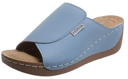 VNDUIFH Comfortable Arch Support Slides Women's Solid Color Sandals, Breathable Orthotic Leather Platform Wedge Sandals (E,6)