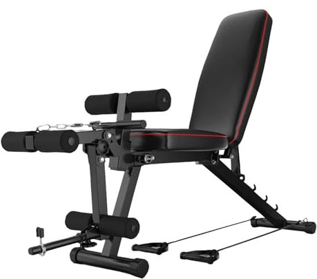 Hantelbank Klappbar Mit Beinstrecker & Beinbeuger – Hantelbank Verstellbar 5-fach (Flach Bis Schräg), Bis 200kg Belastbar - Multifunktions-Trainingsbank Für Zuhause Mit Zugseil