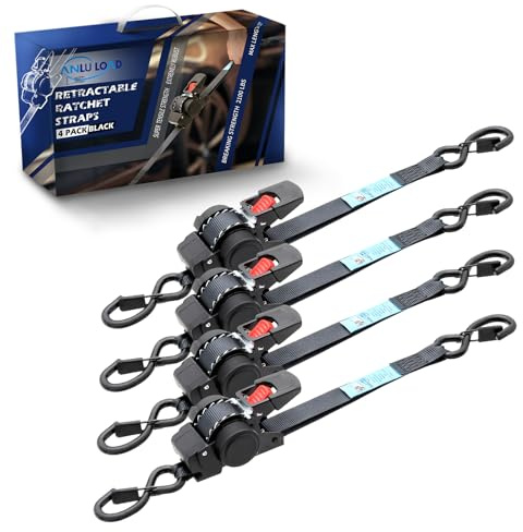 ANLULOAD Retractable Ratchet Strap(1 in x 11.48 ft),Retractable Tie Down Strap for Motorcycles, Boats,Atvs,Utvs.W.L.L:700 Lbs/B.S:2,100 Lbs-4Packs