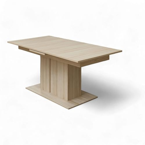 INA Esstisch ausziehbar Artisan Eiche Optik 180-220 x 77 x 90 cm (B/H/T) | Säulentisch für Wohnzimmer und Esszimmer, FSC-zertifiziert, inklusive Einlegeplatte im Tischinneren verstaut, Esszimmerzisch
