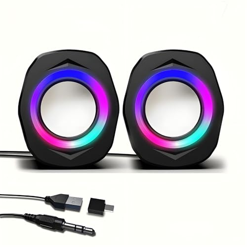Elimavi PC Lautsprecher mit statischem RGB-Farblicht und Lautstärkeregelung, geeignet für Monitore, Laptop-Computer, Spiele, Desktop-Computer, 3,5 mm Audioeingang, USB-Stromversorgung, 1 Paar