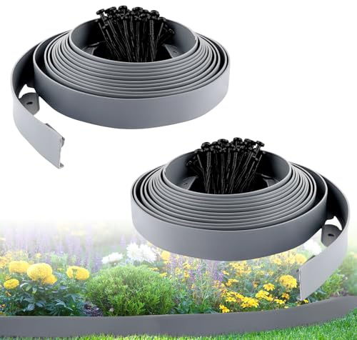 DAJAVE 2 bordes flexibles de plástico para césped, 10 m x 5 cm (largo x alto), 60 anclajes de tierra, bordes de plástico para arriates, borde de flores, borde de parterres