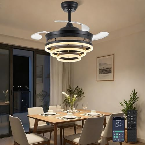 LEONTYNE Chandelier Ceiling Fan with Lights and Remote - 36 Inch Retractable Modern Fandelier, DC Motor, 6 Speeds,Timer,Dimmable LED Chandelier Fan Light for Home Bedroom Living Room (Black)