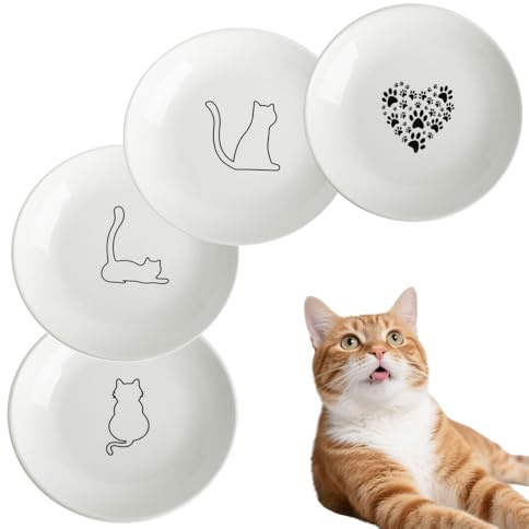 Gamelles Plates en Céramique, 4 Pièces Gamelles Plates Bols en Céramique pour Chat, Lot de Assiettes Plat Gamelle Plate, Bol Fond Plat, pour Les Fêtes Entre Animaux de Compagnie