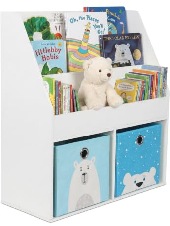 Relaxdays Bücherregal Kinder, HBT: 79 x 72 x 30,5 cm, 3 offene Fächer für Bücher, 2 Spielzeugboxen, Kinderregal, weiß