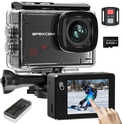 Apexcam M80pro mit 64G Karte Action Cam 4K60FPS 64MP WLAN Sportskamera Unterwasserkamera 40m Wasserdicht 8X Zoom 2.4G Fernbedienung 2x1350mAh Akkus mit Zubehör Halterungs-Set
