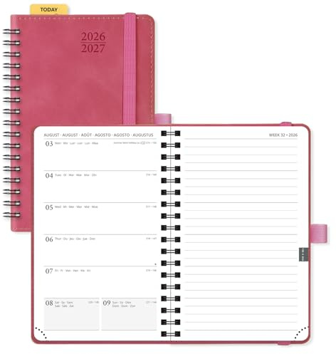 POPRUN Pocketagenda 2026 2027 A6 Veckoplanerare Och Anteckningsbok Från Augusti 2026 Till December 2027 Skolår Liten Storlek 16 x 10,5 cm - Mjuk Spiralbindning, Papper 80g/m²,Magenta