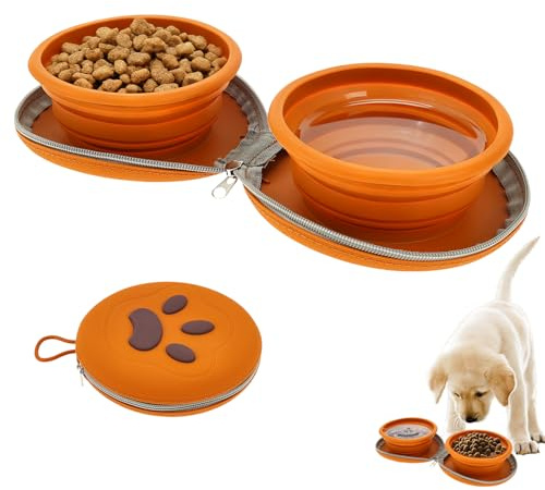 Faltbare 2-in-1-Hundenäpfe Faltbarer Napf mit Deckel Reise-Hundenäpfe Faltnapf Hund Tragbare Futterfütterung und -Aufbewahrung für Hunde Unterwegs mit Reiseetui Kleine und Große Hunde Braun