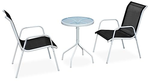 Yunovire 3-TLG. Bistro-Set Stahl Schwarz, runder Glastisch, 2 stapelbare Textilene Stühle für Garten, Terrasse, Balkon, wetterfestes Outdoor-Möbelset