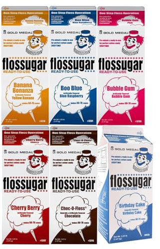 Cotton Candy Floss sugar Mix Flavors | Pack Of 6 | Blue Raspberry, Banana, Bubble Gum, Chocolate, Cherry, and Birthday Cake Flavors | 1/2 Gallon Cartons