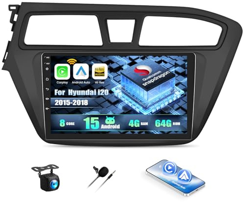 CAMECHO Qualcomm 8 Core 4G+64G Android 15 Autoradio para Hyundai i20 2015-2018, Doble DIN Radio con 9 Touchscreen Soporta CarPlay,Dual WiFi,GPS,Bluetooth5.1, Dolby/Hi-Res+Cámara Trasera