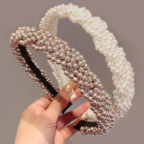 2 Stück Weben Perlen Haarreifen Damen Elegant Haarreif Weiß Champagner Headband Rutschschutz Hairband Women Hair Band Süß Modisches Haareif Dünn Haarreif Perlen Haarband Haarschmuck Kurze Haare