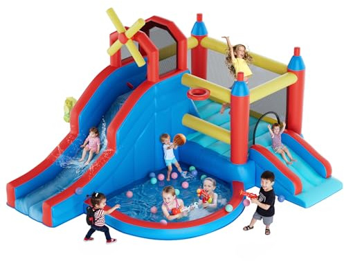 Warmiehomy Inflatable Bouncy Castle with Ball Pit and Slides, Bounce Water Park with Jump House Basketball Game, Play House for Kids Age 3-8 Indoor Outdoor Garden Park Backyard Children Birthday Gift