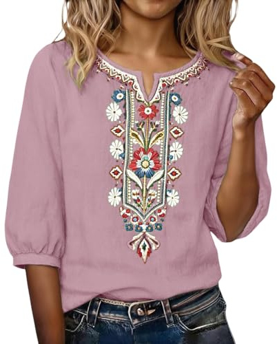 Camicia Lino Donna Estive Elegante Camicetta Manica 3/4 Curvy Scollo a V Ricamo Etnico Boho Camicie Casual Allentate Blusa Top Traspirante Camicette da Lavoro Magliette di Base Leggera e Comoda