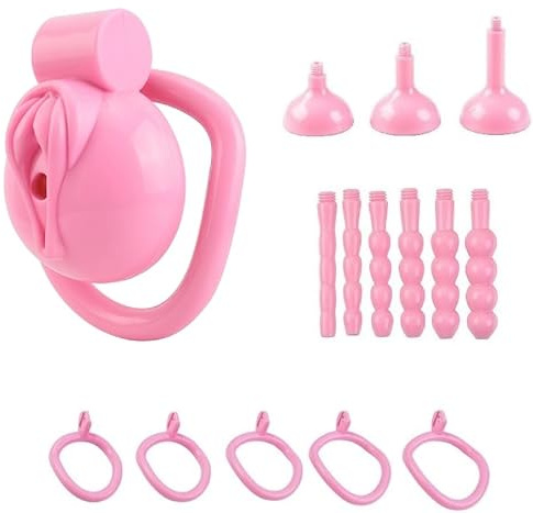 Male Chastity Cage – Lockable Cock Cage with 5 Rings for Penis Exercise and Tease, Breathable Resin Material, Adjustable Fit for Men (Pink, Outfit Styles)