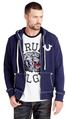 True Religion klassisk logotyp för män långärmad huvtröja med huva, Sann marinblå, XL