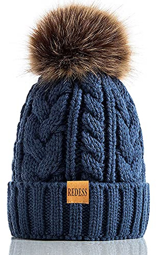 REDESS Vintermössa med pom-pom för kvinnor, fodrad i varm fleece, tjock, slapp, snöstickad, tjock, hängig skallmössa, skidmössa, one size