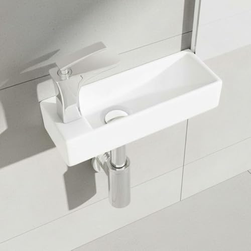 Durovin Bathrooms Mini Ceramic Sink 380 x 140 x 80mm (WxDxH) - Wall Hung Mount - Ultra Slim Rectangular Cloakroom Hand Washing Basin - One Left Hand Tap Hole