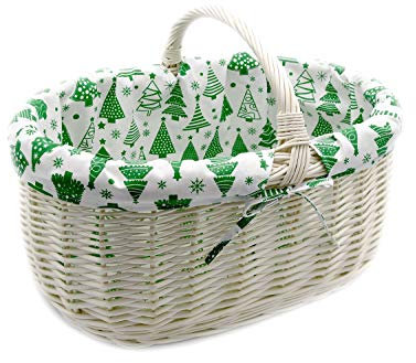 MyBer® Einkaufskorb Weidenkorb Stabiler Tragekorb Korb aus Weide geflochten weiß groß mit Stoffeinlage weiß mit grünem Tannenbaum Muster 50/32/22cm (31 mit Henkel) K1-605-W-SWGW