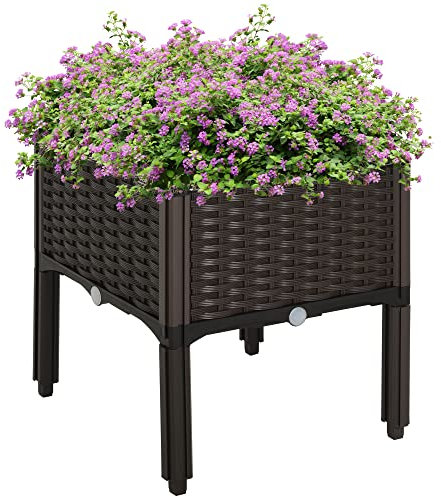 Outsunny Hochbeet, Pflanzkasten mit Abflusslöchern, Blumenkasten im Rattan-Look, Kunststoff, Braun, 40 x 40 x 44 cm