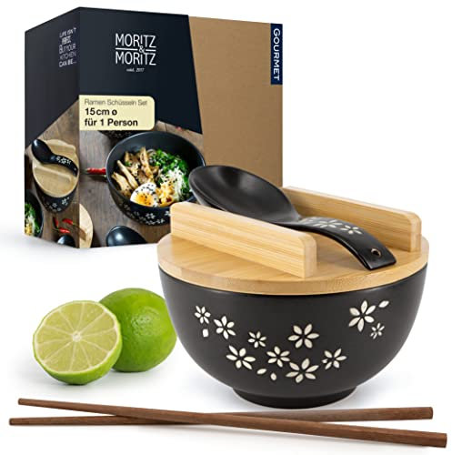 Moritz & Moritz Ramen avec fleurs noir y compris couvercle et cuillère Pour soupe, pho et sushi bowl - Y compris baguettes, couvercle et cuillère