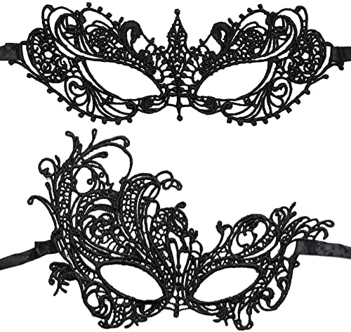 SZCXDKJ 2 Stücke Schwarz Spitze Maske Maskerade Damen Sexy Augenmasken Venezianische Masken Masquerade Lace Halbes Gesicht für Karneval Party Kostüm Maskenball Frau Mädchen, 21.5cm