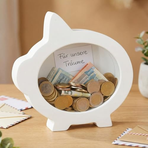 MIJOMA Spardose aus Holz mit Glasfront – dekorativer Sparrahmen für Geldgeschenke zu Hochzeit, Geburtstag, Reise & mehr – kreative Geldbox (Schwein Blanko - weiß, 15 x 15 x 5 cm)
