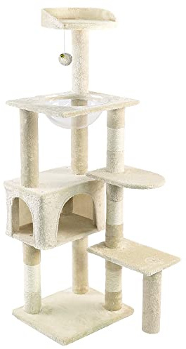 VOUNOT® Tiragraffi per Gatti con Capsula Spaziale, Albero Tiragraffi Gatto con Palla Sisal Naturale Giocattolo Gioco, Altezza 138cm, Beige