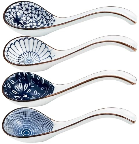Juego de 4 cucharas de sopa, cuchara de sopa asiática, cerámica china de mango largo, cucharas japonesas de porcelana para ramen, pho miso, wonton, fideos, arroz