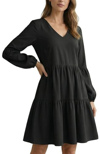 FFWTPY Robe Femme Manches Longues Robes Chic et Elegant Col V Casual T-Shirt Mi Longue Décontracté Couleur Unie Dress au Genou Automne Hiver