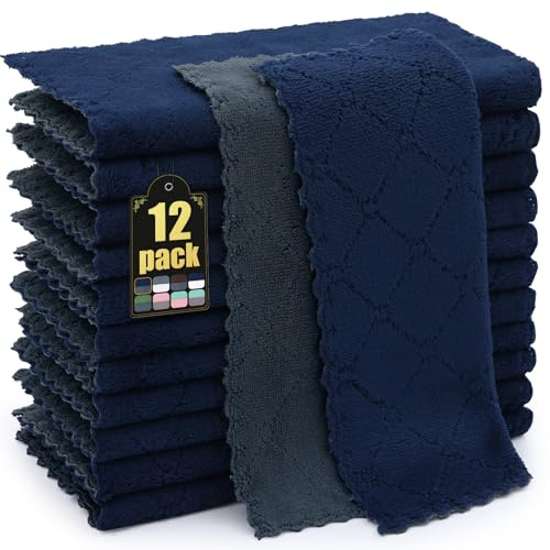 Mordimy 12 Pack Kitchen Cloths Dish Towels (10 x 10, Dark Grey & Navy Blue), Super Soft and Absorbent Dish Cloths, Coral Velvet Microfiber Cleaning Cloth, Nonstick Oil Fast Dry Dishcloths