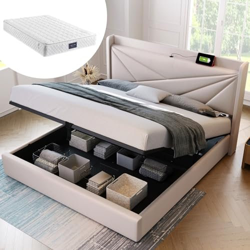 KnSam Polsterbett Doppelbett Stauraum Bettkasten mit USB Typ C Ladefunktion Kopfteil, Stauraumbetten Bettgestell aus Leinenmaterial Jugendbett 160x200 mit Lattenrost (Mit Matratze)