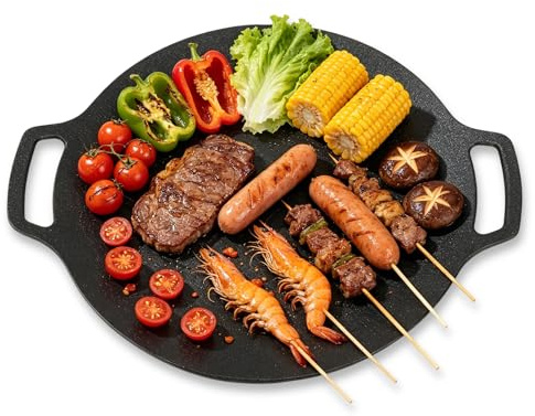 Koreanische Grillpfanne, 33cm Runde Antihaft Grillpfanne, Antihaftbeschichtete Grillplatte, Outdoor Camping Tragbare BBQ Grill Pfanne mit Griff, Korea Herdplatte Grillaufsatz Induktion für Gaskocher