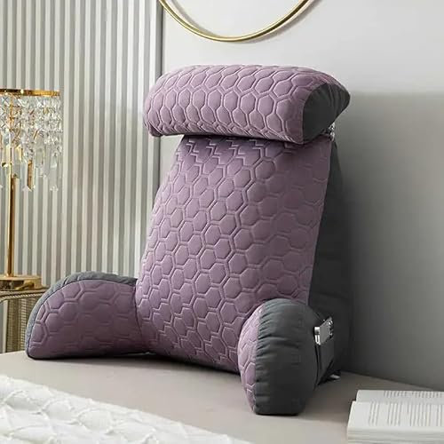 Rückenkissen Lesekissen mit Armlehnen für Bett und Sofa, Bettauflage Kissen mit Abnehmbarer Nackenrolle, Ideal Keilkissen Rückenstütze für Lesen, Fernsehen, Arbeiten, und Spielen,Lila,75*58CM