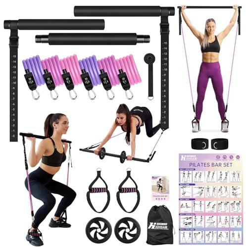 Pilates Bar Set, 6X Fitnessbänder Set Widerstandsbänder mit Stange, Griffe, Türanker, Fußschlaufen, Resistance Bands & Tragbarer Handtasche für Indoor Home Gym und Outdoor