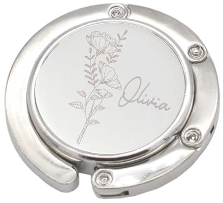 Personalised Engraved Handbag Hanger with Name and Flower Design, Metal, Presented in a Velvet Pouch