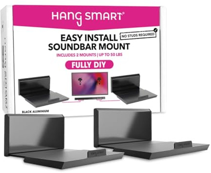 HangSmart TV Soundbar Mount NO Stud & NO Drill Easy Install, DIY Universal Sound Bar Wall Mount Bracket, Holds up to 50LBS, Adjustable fits Most Soundbars. (Black)