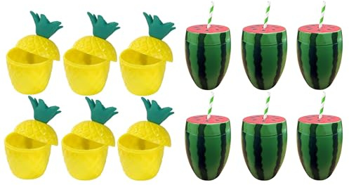 Quickdraw 12 x Hawaiian Party Cups Pineapple & Watermelon Drinking Cup with Paper Straws Tropical Beach Hula Tiki Cocktail Glasses Summer Parties Tableware
