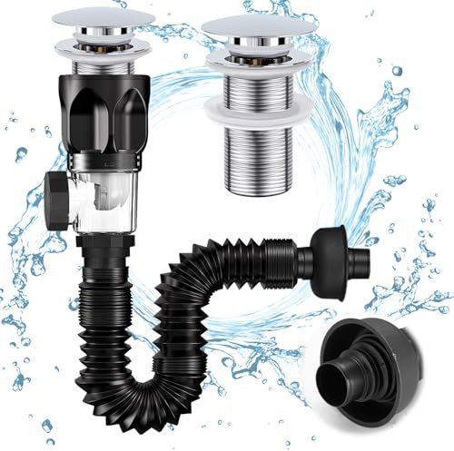Scarico Lavandino Bagno, Piletta Lavabo Bagnocon Tubo di Drenaggio Flessibile Retrattile e Tappo per Lavello a Scomparsa, Estensibile 300-1000mm, per bagni e cucine, resistente agli odori