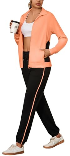 Uniexcosm Women's Tracksuit Set Zip Jacket and Jogger Trousers | Two piece long sleeve tracksuit with zip jacket contrast panels pockets and drawstring joggers for leisure gym and travel