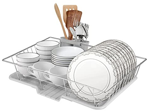 Scolapiatti Scolapiatti in Metallo Rivestito per Piatti, Tazze, Cucchiai, Utensili da Porta Stoviglie Vassoio per Asciugatura Drenaggio del Lavello, 48x30x11 Cm