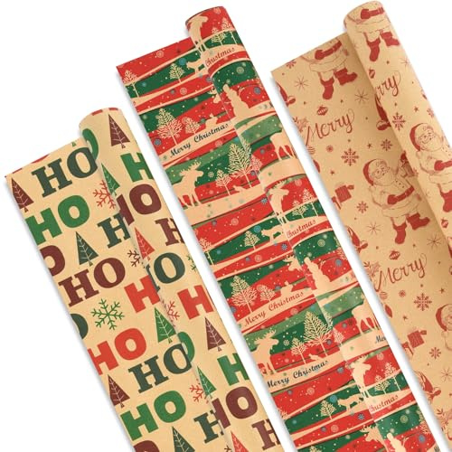 AhfuLife 3 Rollen Lang Geschenkpapier Weihnachten Set, 60cm x 6.5m Weihnachtspapier Set, Nature Kraftpapier Große Weihnachtsgeschenkpapier für Xmas Weihnachten Papier Geschenke Geburtstag Verpackung