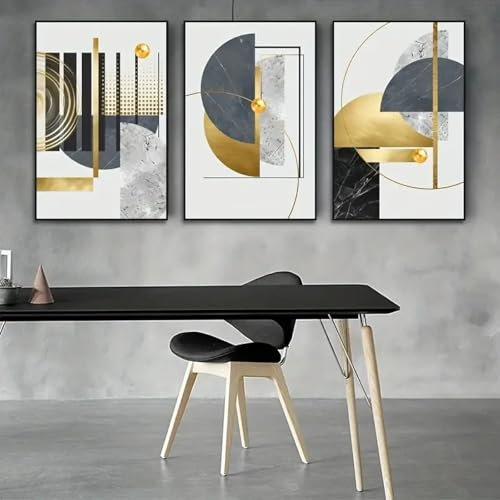Modernes goldenes 3-teiliges Poster, abstrakte geometrische Kunst, Leinwandgemälde, Wohnzimmer, Heimdekoration, schöne Wandkunst, Poster, 50 x 70 cm (20 x 28 Zoll) x3, ungerahmt