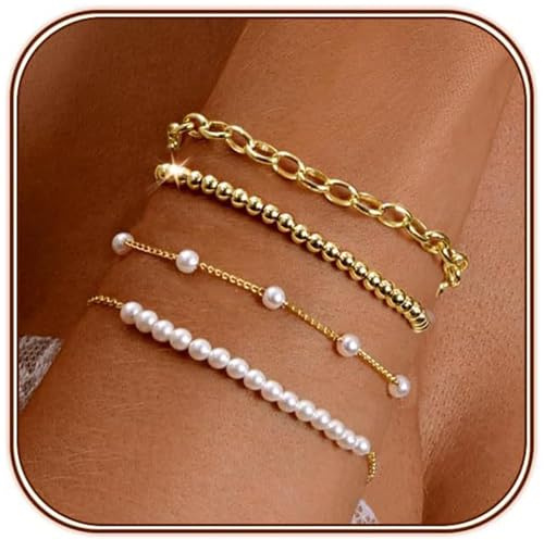 Mrltau 4 Pcs Armband Damen Gold - Modeschmuck Perlenarmband Set Mit 14K Schmuck Bracelet